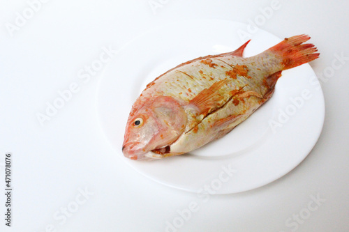 Red Nile Tilapia, or Red Tilapia, or Oreochromis niloticus. Fresh fish seasoned with mashed turmeric. On a plate, isolated on white background