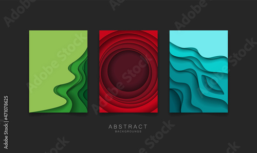 Set of abstract laconic 3D backgrounds. Paper cut shapes for banner, brochure, leaflets, booklet design. Vector illustration.