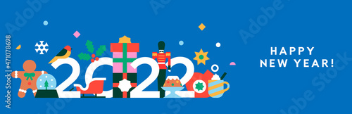 Happy New Year 2022 flat holiday decoration banner