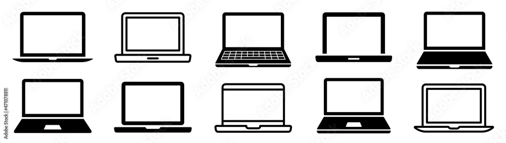 Laptop icons set. Laptop different style. collection Laptops or notebook computer. Flat and line icon - stock vector. - obrazy, fototapety, plakaty 
