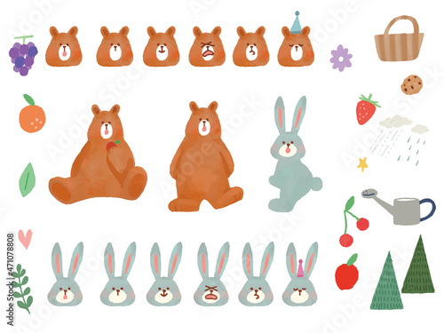 かわいい動物のイラスト(クマ、うさぎ、苺、さくらんぼ、りんご、木、手書き、童話、表情) A cute animal illustration.Bear, rabbit, strawberry, cherry, apple, handwriting, facial expression.