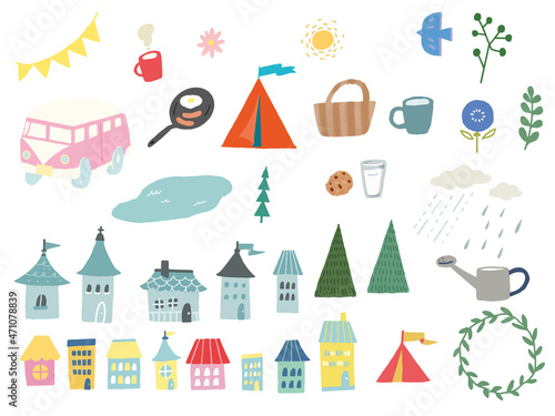 北欧の街並みとキャンプのイラスト(手書き、キャンピングカー、家、テント、森、可愛い、雑貨) Illustration of Nordic streets and camps.Handwritten, camping car, house, tent, forest, cute.