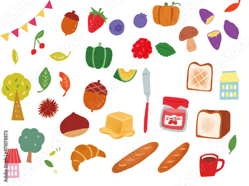 秋のイラスト(栗、南瓜、さつまいも、苺、きのこ、どんぐり、ブルーベリー、ラズベリー、ジャム、食パン、コーヒー) Autumn handwritten illustrations of chestnuts, watermelons, sweet potatoes, strawberries, mushrooms, acorns, blueberries, jam, bread.