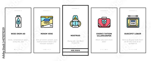 Baby Accessories And Equipment Onboarding Mobile App Page Screen Vector. Baby Lotion And Powder Cosmetics, Nail Clippers And Thermometer, First Aid Kit Weight Scale, Swabs Snot Sucker. Illustrations