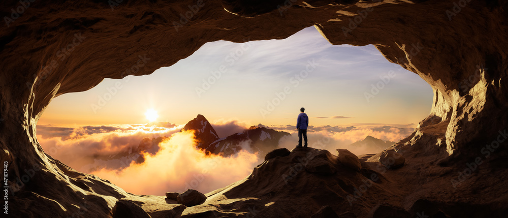 Fototapeta Przygód Mężczyzna Turysta stojący w jaskini z górami skalistymi w tle. Kompozyt przygodowy. Szczyt renderowania 3D. Zdjęcie lotnicze krajobrazu z Kolumbii Brytyjskiej w Kanadzie. Zachód słońca niebo