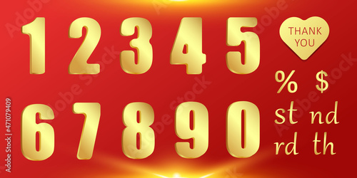 A charming set of golden numbers. Suitable for the design of banners, greeting cards, as well as for use as elements of web design. 3 D. Vector illustration.