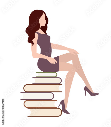 Vector woman sitting on books. Isolated on white background.