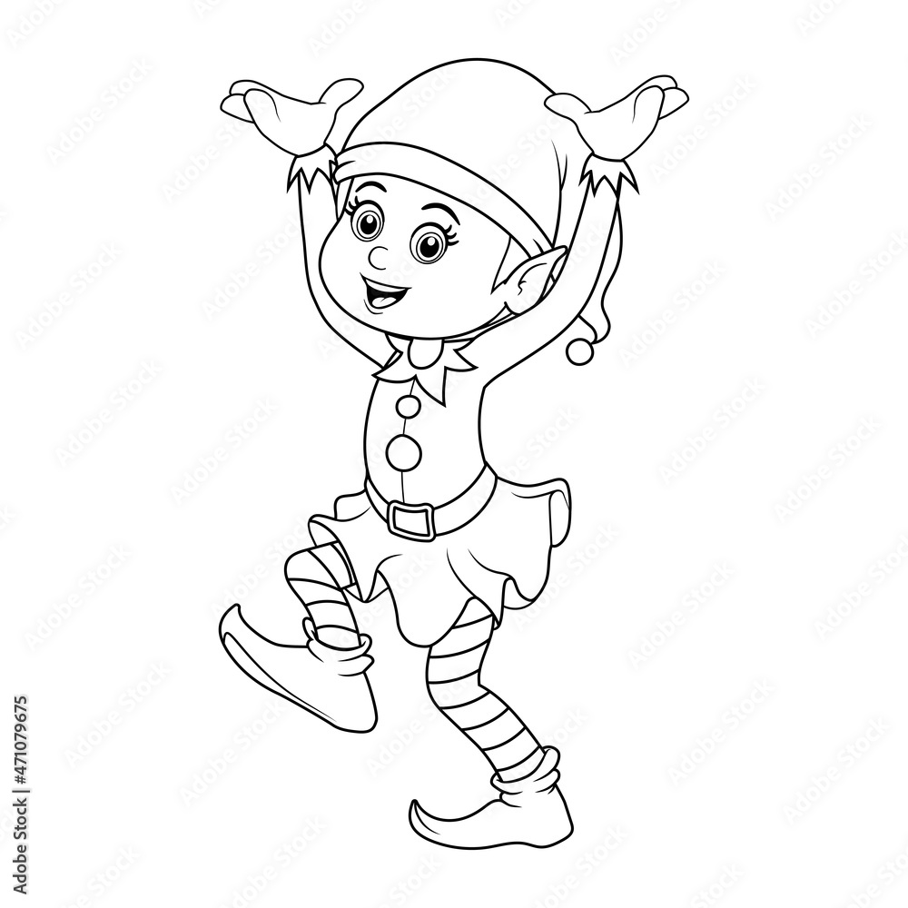 Colorless cartoon Christmas Elf. Black and white template page for coloring book with Santa Claus helper elf. Cute smiling gnome in costume. Practice worksheet or Anti-stress coloring page for kids.