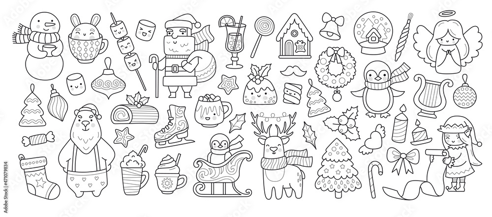 Big collection of christmas outline cartoon characters and elements for  coloring book. Santa Claus, xmas elf, cherub, snowman, candle, holly and  holiday decorations. Vector isolated illustration. Stock Vector | Adobe  Stock
