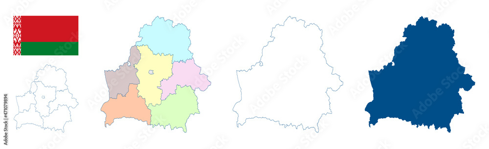 Belarus map. Set of vector maps. Detailed blue outline and silhouette. Administrative divisions and oblasts. Country flag. All isolated on white background. Template for design and infographics.