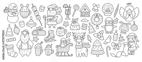Big collection of christmas outline cartoon characters and elements for coloring book. Santa Claus, xmas elf, cherub, snowman, candle, holly and holiday decorations. Vector isolated illustration.
