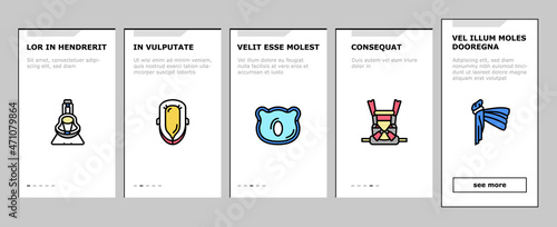 Baby Accessories And Equipment Onboarding Mobile App Page Screen Vector. Baby Lotion And Powder Cosmetics, Nail Clippers And Thermometer, First Aid Kit Weight Scale, Swabs Snot Sucker. Illustrations
