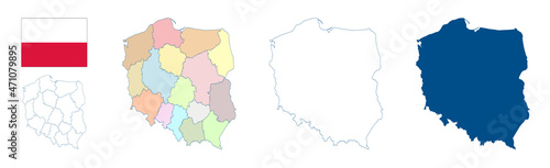 Poland map. Set of vector maps. Detailed blue outline and silhouette. Administrative divisions and voivodeships. Country flag. All isolated on white background. Template for design and infographics.