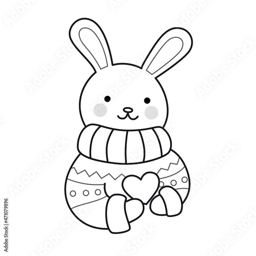 Rabbit holding heart. Cute cartoon bunny character. Funny outline illustration. Vector isolated emblem for logo, coloring book, tattoo, print.