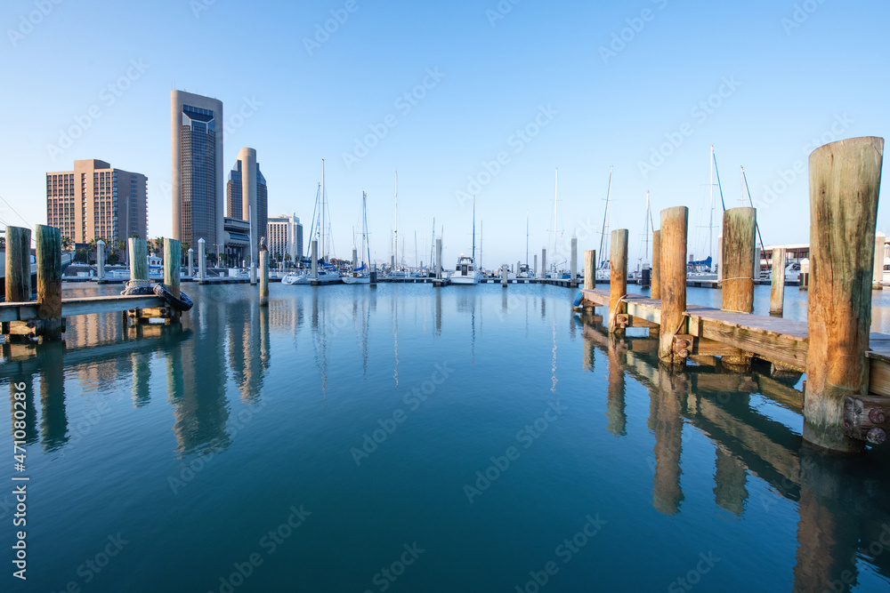 The pier in downtown of Corpus Christi against the background of skyscrapers
