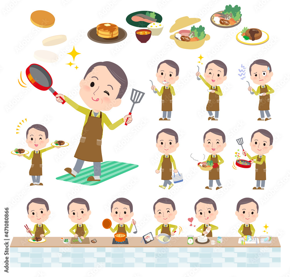 料理に関するスポーツウエアを着た中年薄毛男性のセット 料理に関するスポーツウエアを着た中年薄毛男性のセット