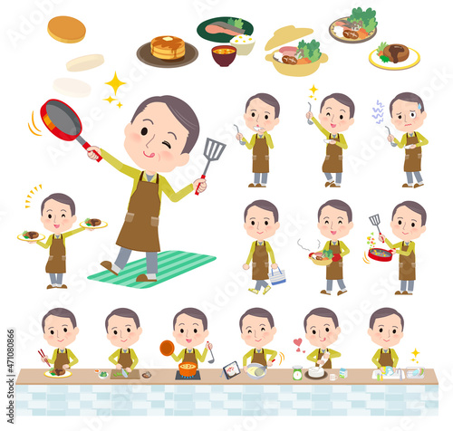料理に関するスポーツウエアを着た中年薄毛男性のセット