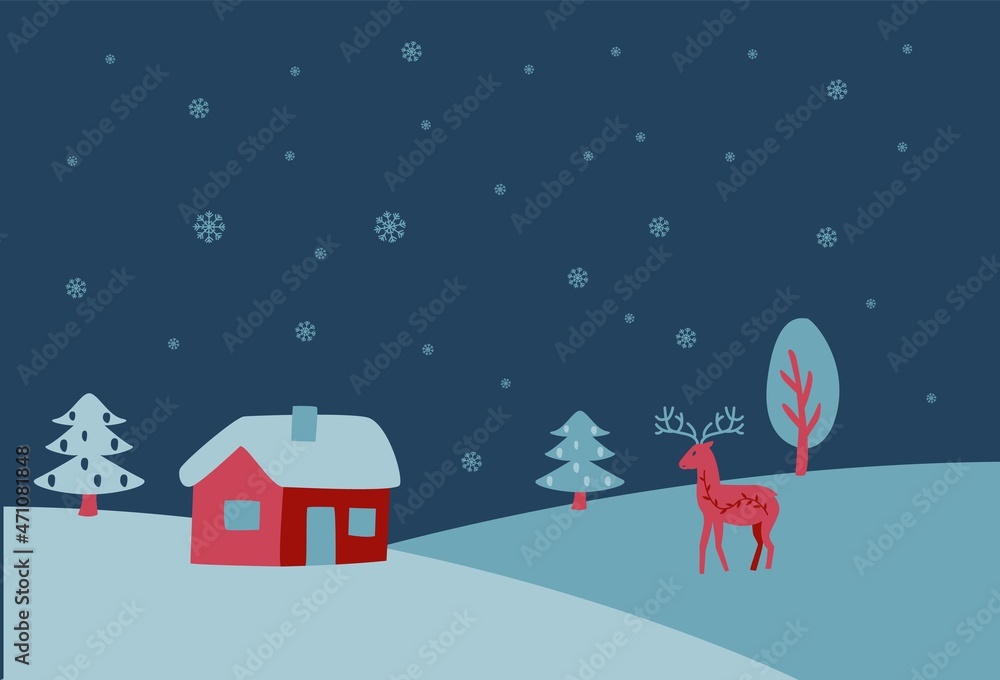 Winter landscape in the scandinavian style. Nordic Christmas illustration
