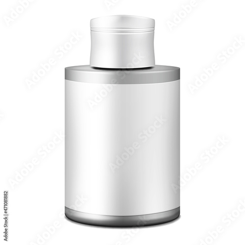 Blank bottle with empty white label vector mockup. Cosmetic, medical product packaging container mock-up. Template for design