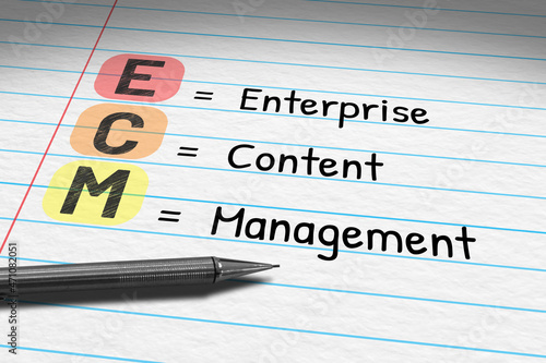 ECM - Enterprise Content Management. Business acronym on note pad. 3D Illustration.