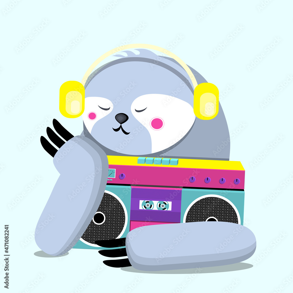 Fototapeta premium Сute sloth listening to music on headphones with tape recorder. vector illustration.