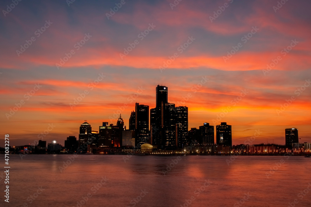 Night View Of The Detroit Michigan Skyline