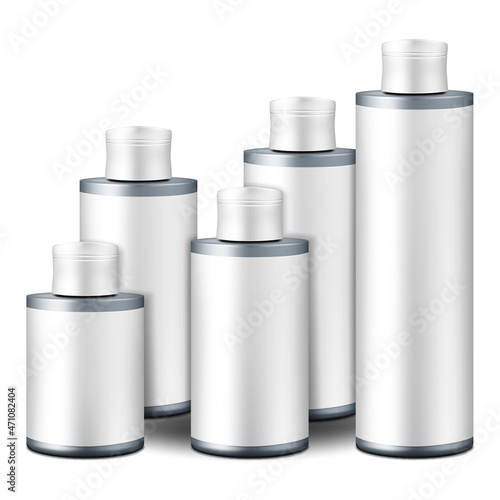 Cosmetic bottle with white label and screw cap - vector mock-up set. Beauty skincare product line. Template for packaging design