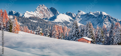 Fresh snow sparking in the sun. Amazing autumn scene of Dolomite Alps with first snow cowered larch and fir trees. Nice morning view of Alpe di Siusi village, Italy. Traveling concept background.