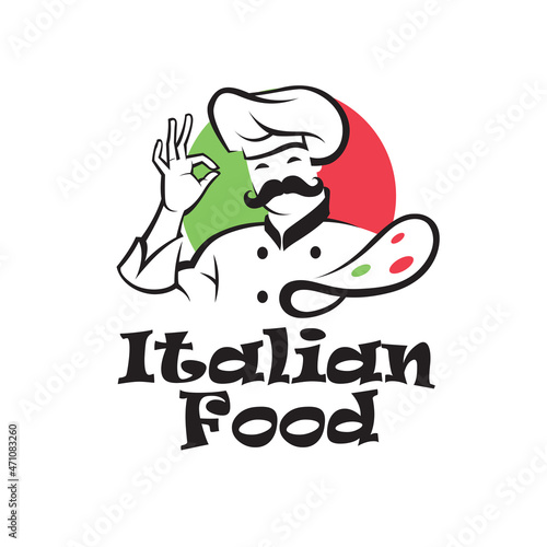 italian food emblem with chef and mustache isolated on white background