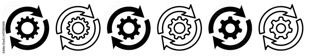 Set of sync process icons. Gear sign in arrow. Gear rotate. Cogwheel vector. Set of sync process icons. Gear sign in arrow. Gear rotate. Cogwheel vector.
