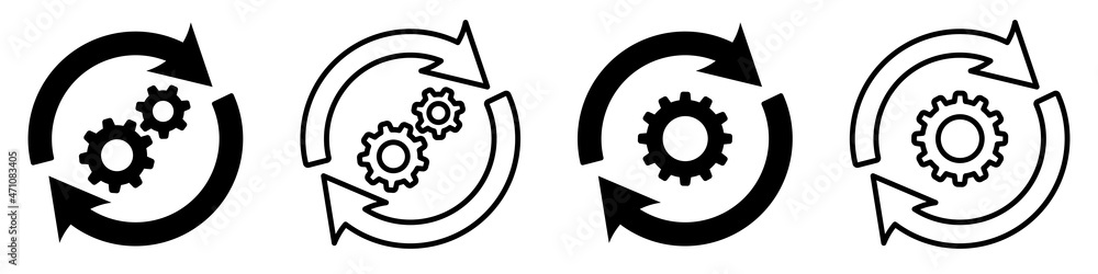 Set of sync process icons. Gear sign in arrow. Gear rotate. Cogwheel vector.