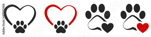Set of love paw print. Paw print with heart. Logo animal love. Paw in the heart. Vector illustration.