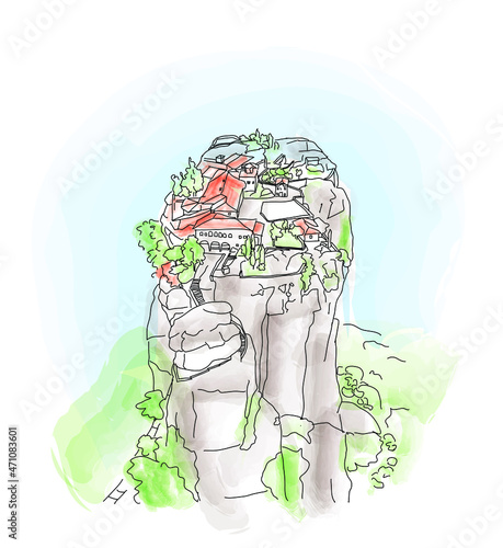 The monastery  Meteora, Greece, watercolor sketch, vector illustration