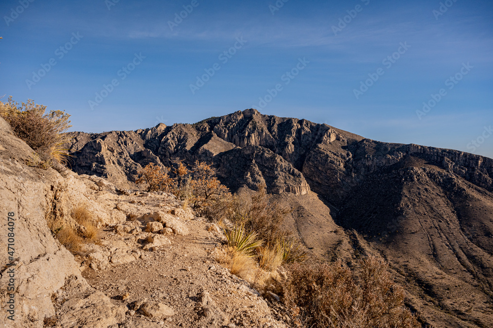 Shelf Trail Looks Across Valley to Hunter Peak In Guadalupe Mountains