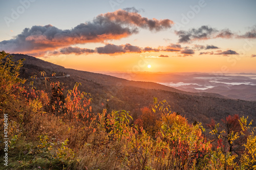 Sun Rises Over Linn Cove Area of Blue Ridge Parkway