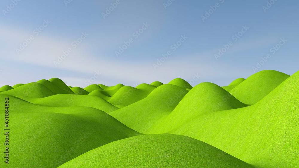 Green meadow with sky background. 3D illustration, 3D rendering Green meadow with sky background. 3D illustration, 3D rendering
