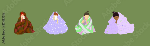 Vector images of ill girls. Autumn and winter seasons. Season of colds, sore throats, flu, covid-19.