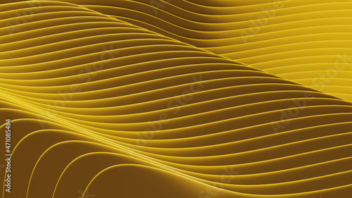 3D abstract waves background. Wallpaper of 3D yellow abstract lines and waves. Geometric background. 3D render