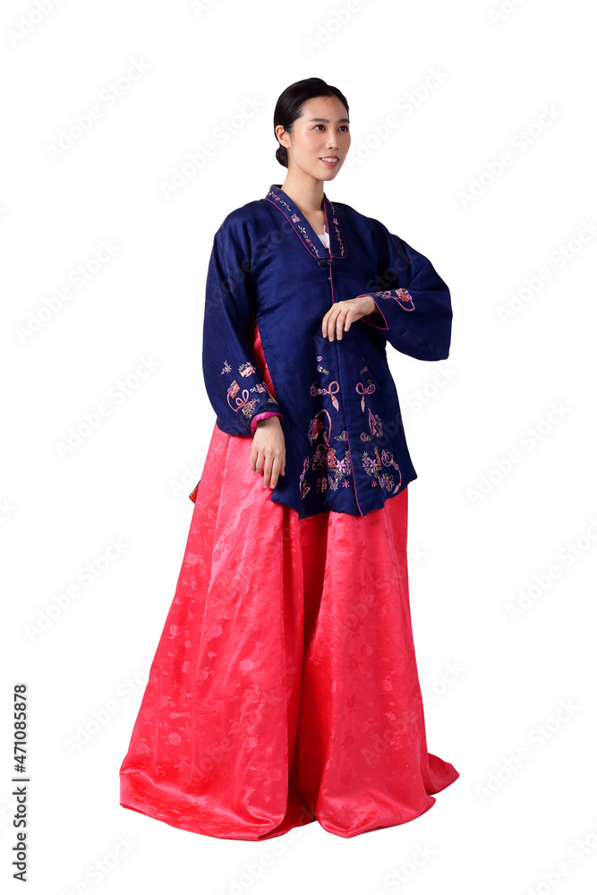 A beautiful Asian woman wearing hanbok is the national dress of Korea. White background. isolated. Clipping path A beautiful Asian woman wearing hanbok is the national dress of Korea. White background. isolated. Clipping path