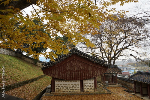 가을 단풍으로 전통건축 우저서원의 풍경입니다.