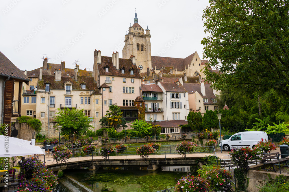 Obraz premium Beautiful view of historical city center of Dole in France.Travel destination.Notre dame church in background