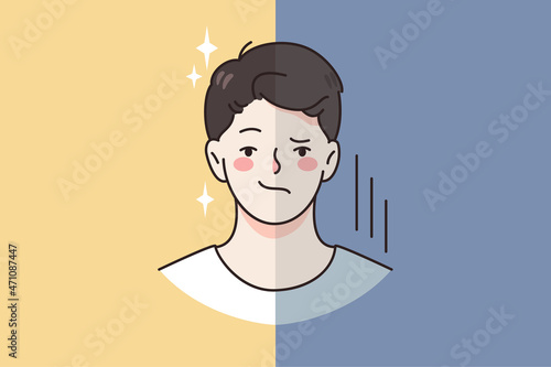 Negative and positive emotions concept. Face of young man with sides of positive smile and angry disappointment expression vector illustration 