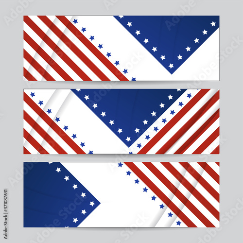 Set of American banner background template. American nation banner with national flag Independence and freedom vector. USA country day celebration. Patriotic background with waving American flag