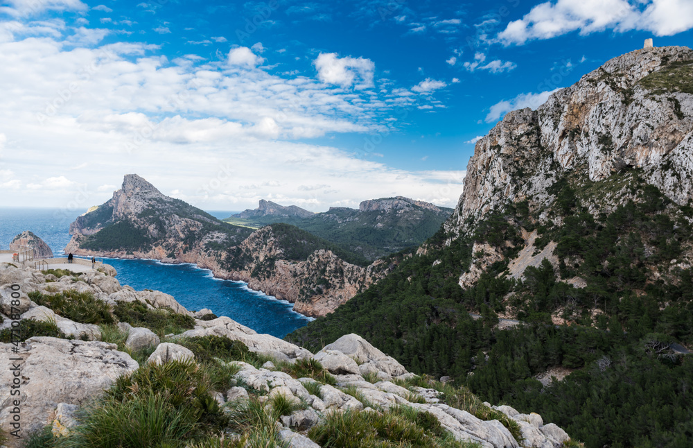 Panoramic view over the sea, cliffs, rocks and mountains of Cap de Fromentor, Mallorca, Spain