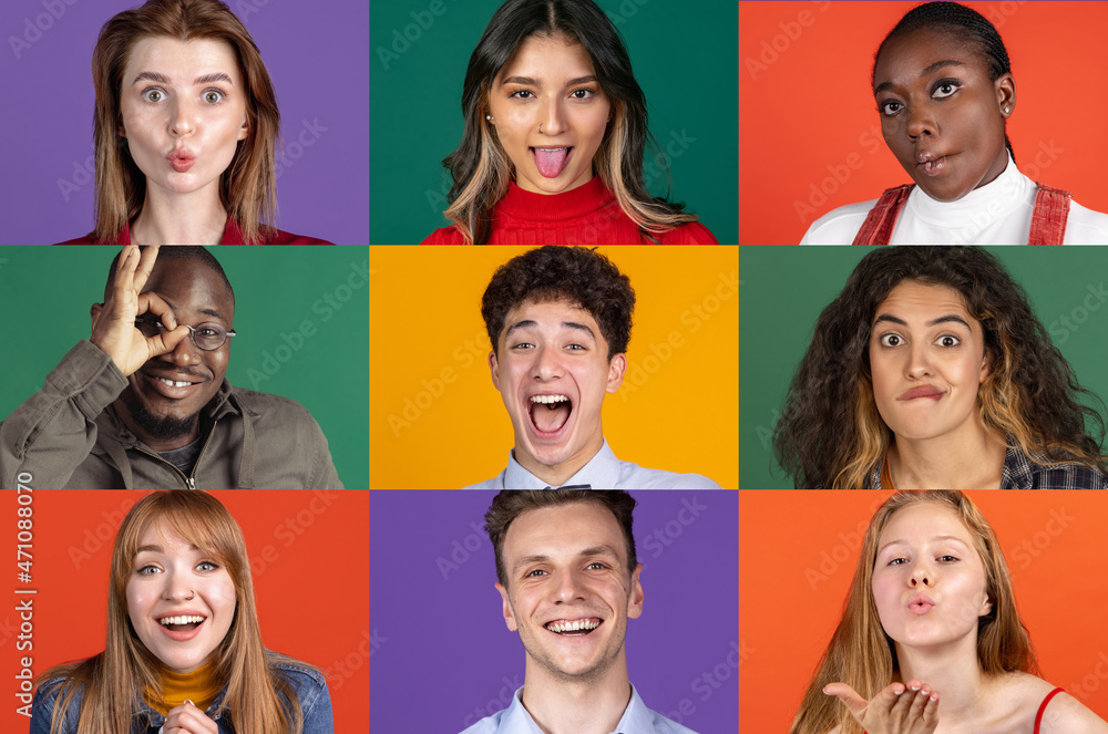 Collage made portraits of group of multiethnic people on multicolored background, collage, artwork. Close-up Collage made portraits of group of multiethnic people on multicolored background, collage, artwork. Close-up