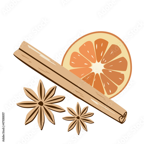 Spices for festive drinks. Cinnamon stick, star anise and a slice of orange