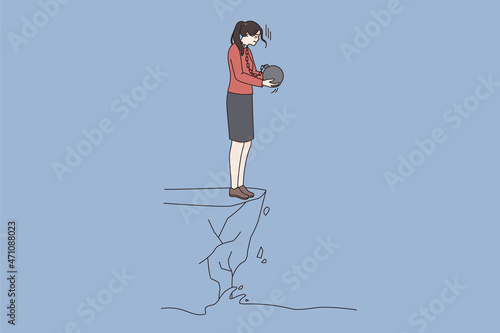 Depression and thinking of suicide concept. Young depressed woman standing on edge of abyss with heavy stone on neck and thinking of comitting suicide vector illustration 