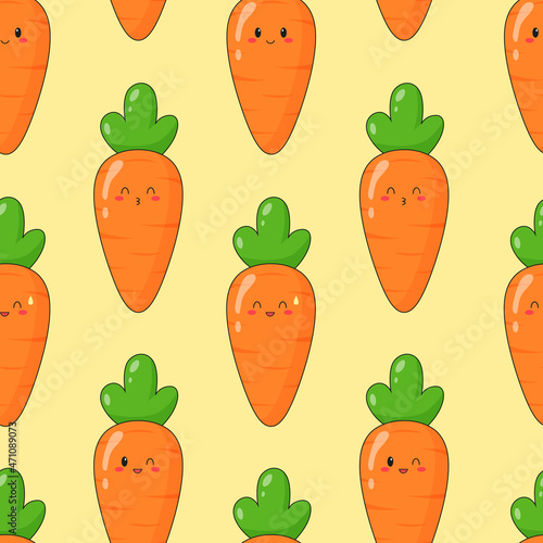 Seamless pattern of cute kawaii carrot. Vegetable print with different emotions of carrot. Flat vector.