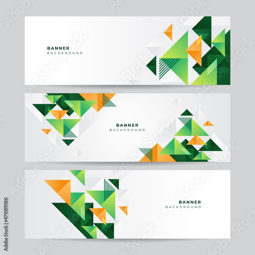 Green and orange triangle geometric abstract banner background. Vector abstract graphic design banner pattern background template.