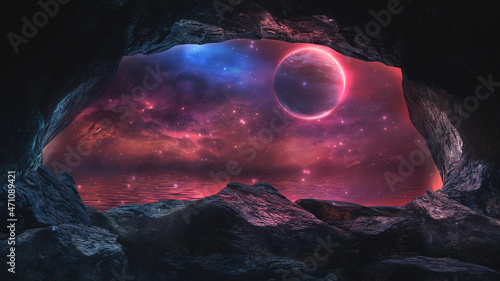 Space cave, stones, tunnel and starry night Galatian sky, planets, nebula. Fantasy space landscape, rock hole. Neon space 3D illustration.  photo